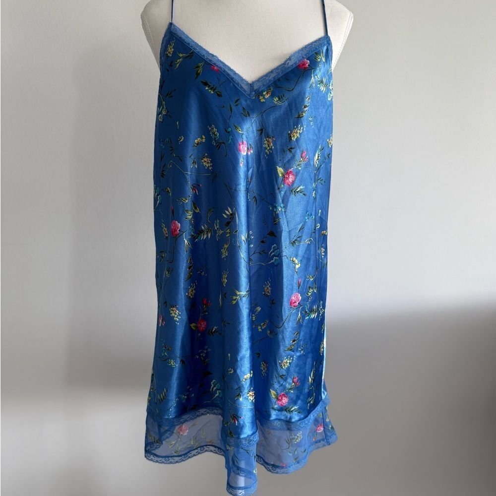 Oscar de la Renta Floral Blue Satin slip night gown.